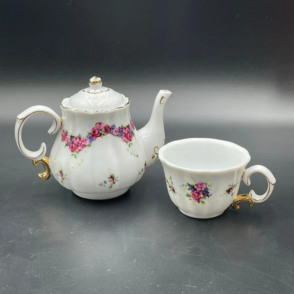 Rose Porcelain Tea for One Cup Pitcher Lid New